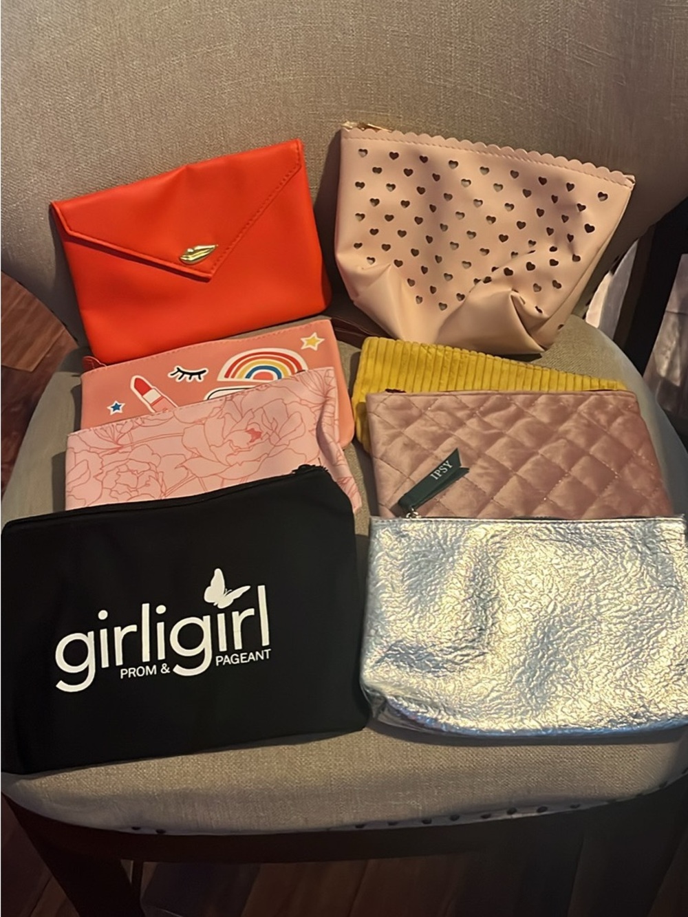 ipsy Cosmetic Bag Bundle — Orange, Blush Pink, Black, Silver, Yellow